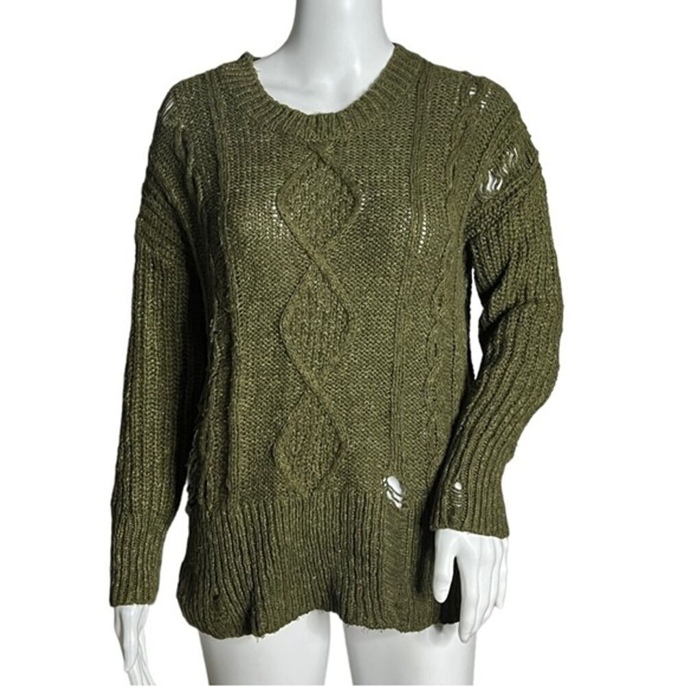 Lucky Brand Sweater Womens Medium Army Green Portland Pullover Distress Destroy